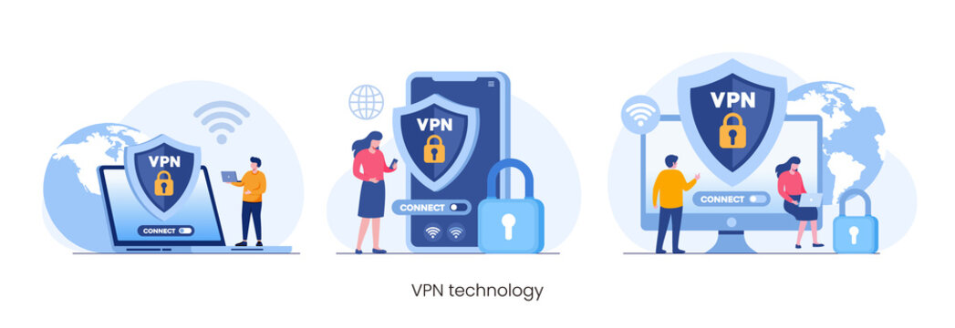 vpn technology system, browser unblock website, internet connection flat illustration vector