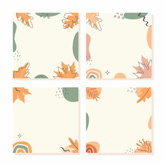 Set of vector minimal cards with abstract shapes and fall season foliage in pastel colors. Autumn mood trendy post templates for social media. Modern square banners with copy space for text. Vector.