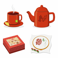 Tea ceremony mug, teapot and cookie box, color vector isolated illustration