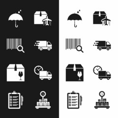 Set Delivery truck in movement, Search barcode, Umbrella and rain drops, Plane cardboard box, with fragile content, clock, Scale and Verification of delivery list icon. Vector
