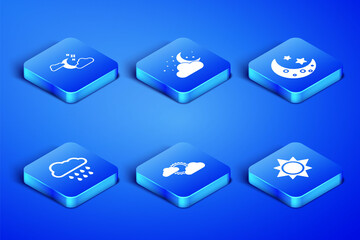 Set Sun, Cloud with moon and stars, cloud weather, rain, and Moon icon. Vector