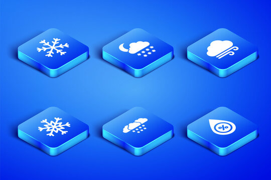 Set Water drop percentage, Snowflake, Cloud with snow, and moon and Windy weather icon. Vector