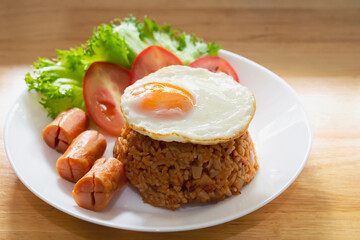 Fried rice sausage ketchup homemade cooking concept background
