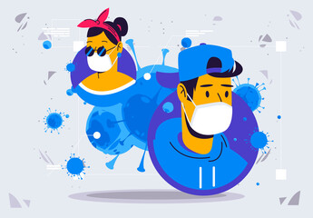 Vector illustration of avatars of the face of a man and a woman in medical masks against the background of virus bacteria, personal protective equipment against the spread of the pandemic