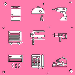 Set Refrigerator, Electric mixer, cordless screwdriver, heater, jigsaw and Rotary hammer drill machine icon. Vector