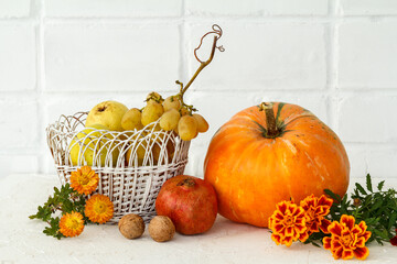 Beautiful autumn composition with a pumpkin on white background