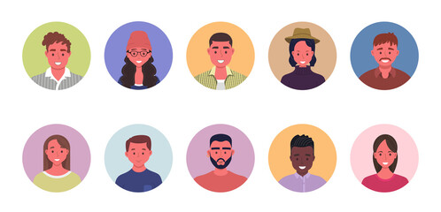 People avatar bundle set. User portraits in circles. Different human face icons. Male and female characters. Smiling men and women characters. Flat cartoon style vector illustration
