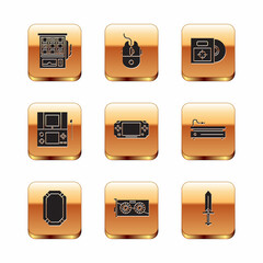 Set Slot machine, Poker table, Video graphic card, Portable video game console, CD DVD disk box, Sword for and Computer mouse gaming icon. Vector