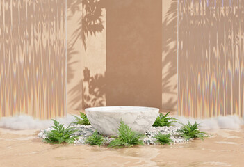 Summer product display podium with marble pedestal on water