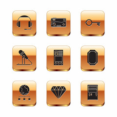 Set Headphones, Computer network, Diamond, Create account screen, Microphone, Ancient key for game, and Mobile and playing in icon. Vector