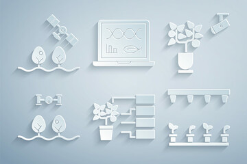 Set Flower analysis, Smart farming technology, with drone, Automatic irrigation sprinklers, Genetic engineering modification and icon. Vector