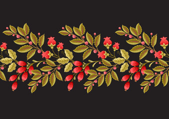 Seamless pattern with stylized ornamental flowers in retro, vintage style. Jacobin embroidery. Colored vector illustration isolated on black background.