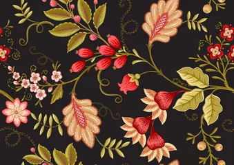 Printed kitchen splashbacks Vintage style Seamless pattern with stylized ornamental flowers in retro, vintage style. Jacobin embroidery. Colored vector illustration isolated on black background.