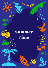 A poster with colorful summer items on a blue background.