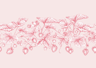 Strawberry. Ripe berries. Seamless pattern, background. Vector illustration. In graphic, egraving, botanical style in soft pink colors..