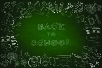 School background with hand drawn accessories and text "back to school". Vector.