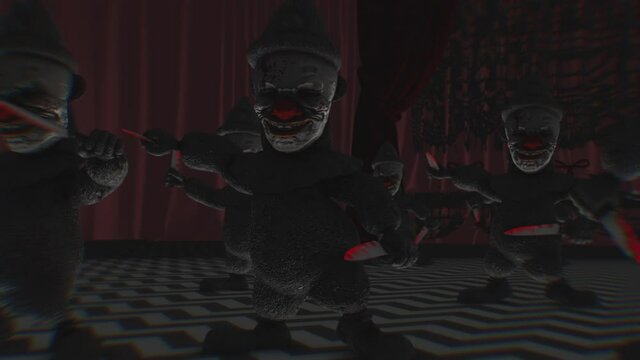 Seamless animation of a horror clowns dancing with knives. Scary background circus themed visual for Halloween.