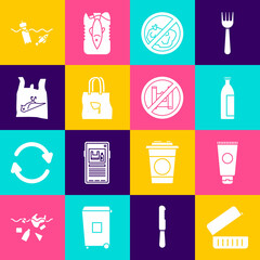 Set Lunch box, Cream cosmetic tube, Lotion, No trash, Shopping bag with recycle, Dead bird, plastic, Problem pollution of the ocean and Say no to bags poster icon. Vector