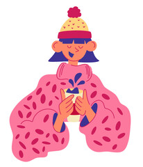 Young girl drinks coffee. Stylish woman in a sweater and a hat holding her cup. enjoying a warm drink. Banner with smiling female and beverage. Flat vector illustration isolated on white background.