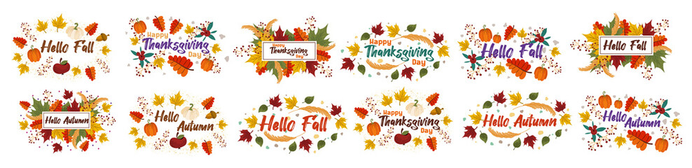 Fototapeta na wymiar A set of vector autumn wreaths and postcards with the inscription hello autumn, fall, happy Thanksgiving day. Colorful seasonal leaves with text. Vector illustration.