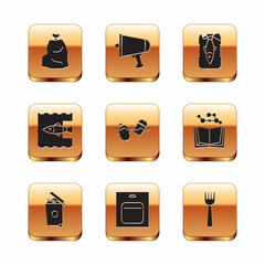 Set Garbage bag, Trash can, Battery in pack, Problem pollution of the ocean, Stop plastic, Disposable fork and Spread word, megaphone icon. Vector