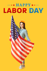 Greeting card for Happy Labor Day with young worker holding USA flag