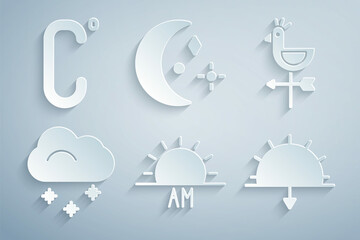 Set Sunrise, Rooster weather vane, Cloud with snow, Sunset, Moon and stars and Celsius icon. Vector