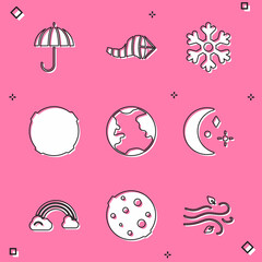 Set Umbrella, Cone meteorology windsock wind vane, Snowflake, Moon, Earth globe, and stars, Rainbow with clouds and icon. Vector