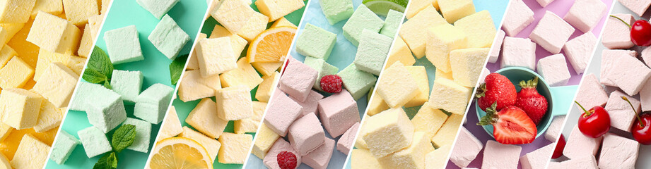 Colorful sweet marshmallows on color background