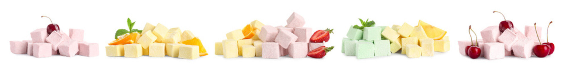 Colorful sweet marshmallows on white background