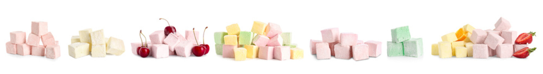 Colorful sweet marshmallows on white background