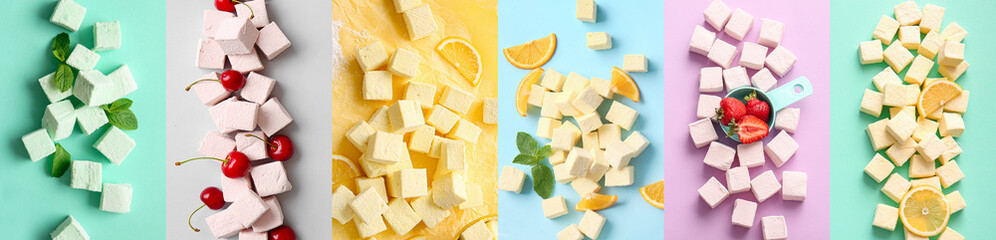 Colorful sweet marshmallows on color background