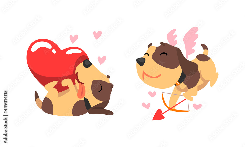 Wall mural funny jack russell terrier dog with red valentine heart vector set