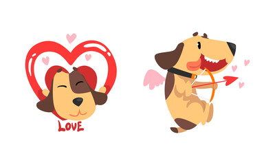 Funny Jack Russell Terrier Dog with Red Valentine Heart Vector Set