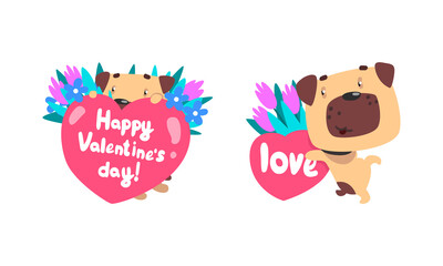Funny Pug Dog with Flower Bouquet and Valentine Heart Vector Set