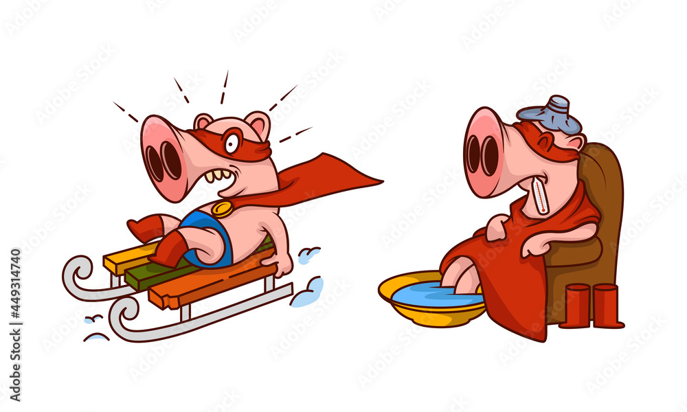 Sticker pink pig in red superhero cloak and mask having fever warming in basin and sleighing vector set