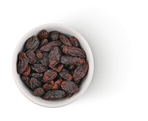 Dried raisins in bowl isolated on white background