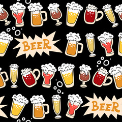Vector seamless pattern on the theme of beer, drinks, alcohol. Cartoon colorful background with glasses on black color