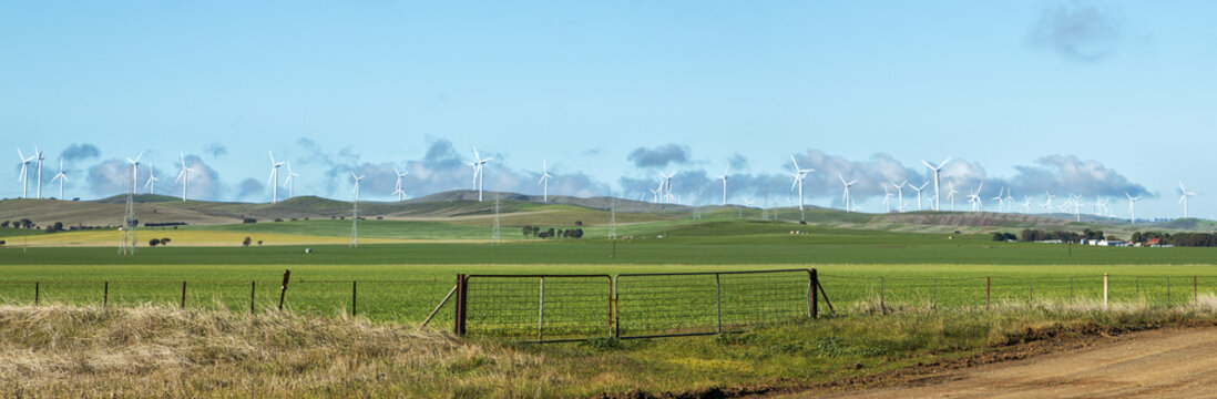Wind farm on hills with green paddocks in front