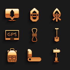 Set Climber rope, Swiss army knife, Road traffic signpost, Shovel, Hiking backpack, Gps device with map, Campfire and Location of the forest icon. Vector
