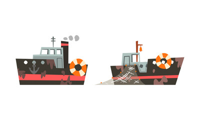 Fishing Vessel or Boat with Net and Steaming Funnel for Catching Fish in the Sea Vector Set