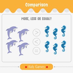 Math game comparison of Number for kids. More, less or equal math game education