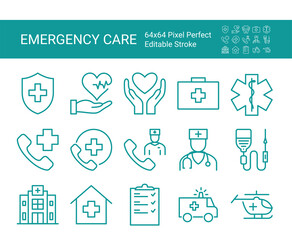Set of line icons of emergency care. Editable vector stroke. 64x64 Pixel Perfect.
