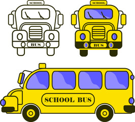 Clipart set with school bus outline and flat style