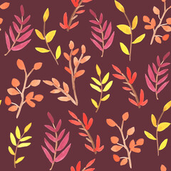 Autumn seamless pattern with colorful leaves on brown background