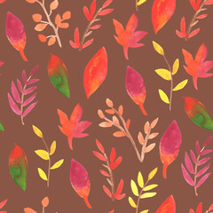 Autumn seamless pattern with colorful leaves on brown background