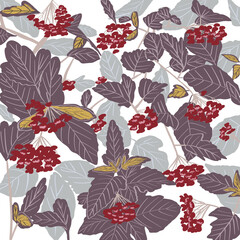 Autumn pattern with colorful leaves and berries on white background