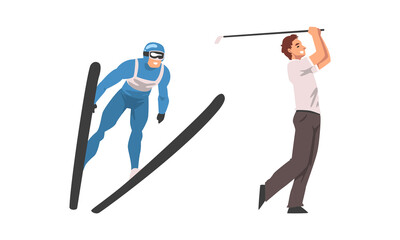 Fototapeta na wymiar Man Character Ski Jumping and Playing Golf Vector Set