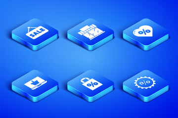 Set Discount percent tag, Hanging sign with Sale, Shoping bag discount, Shopping basket on laptop, building or market store and heart icon. Vector