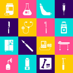 Set Tooth drill, Stretcher, Organ container, Inhaler, Stethoscope, Medical saw, Medicine bottle and pills and Toothbrush icon. Vector